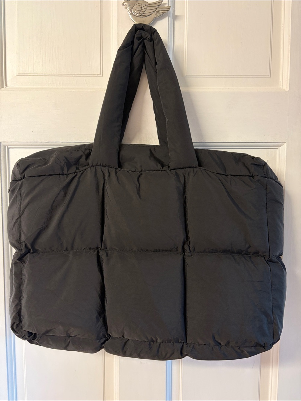 Black Puffer Tote Bag for Women, Large Quilted Puffy Handbag Lightweight Satchel